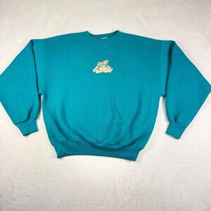Vintage Teal Teddy Bear Embroidered Crewneck Sweatshirt Blue 90s L/XL